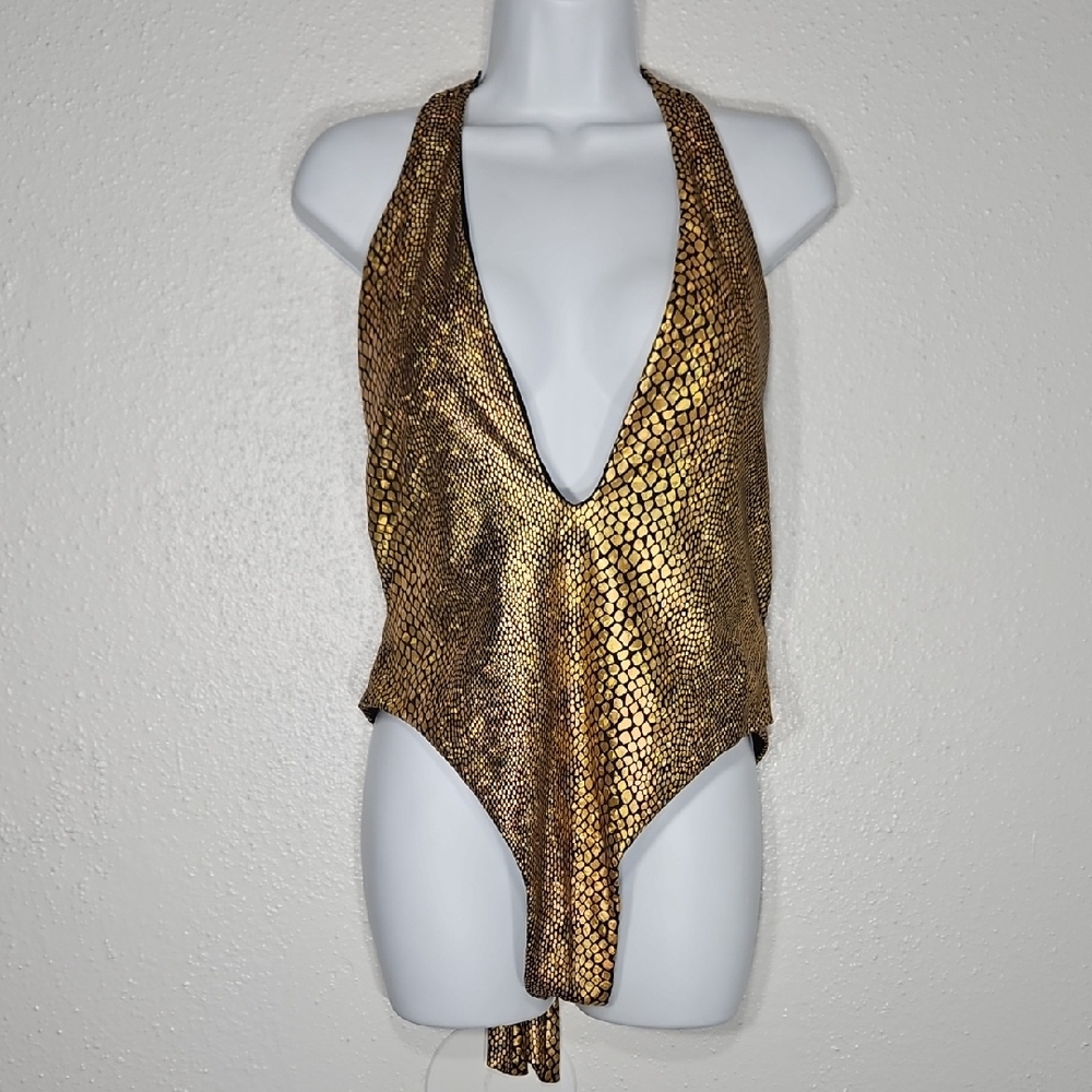 Shien Gold Snakeskin Halter Swimsuit XL(12)